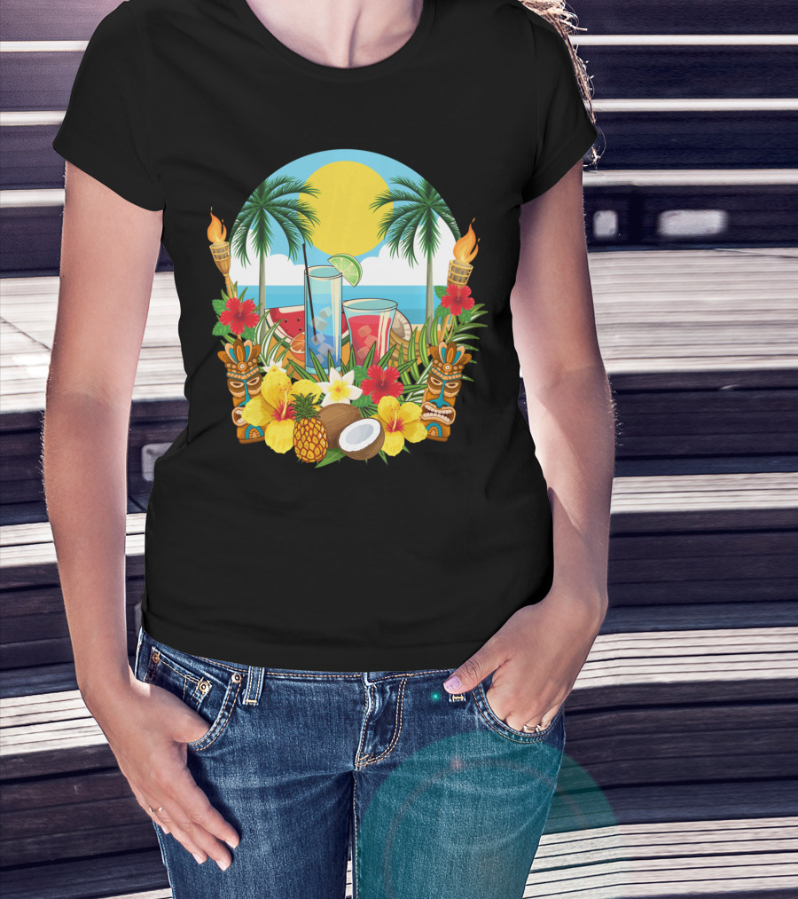Tropical Sunset With Palm Trees And Exotic Drinks Amidst Tiki Torches And Hibiscus Flowers T-Shirt