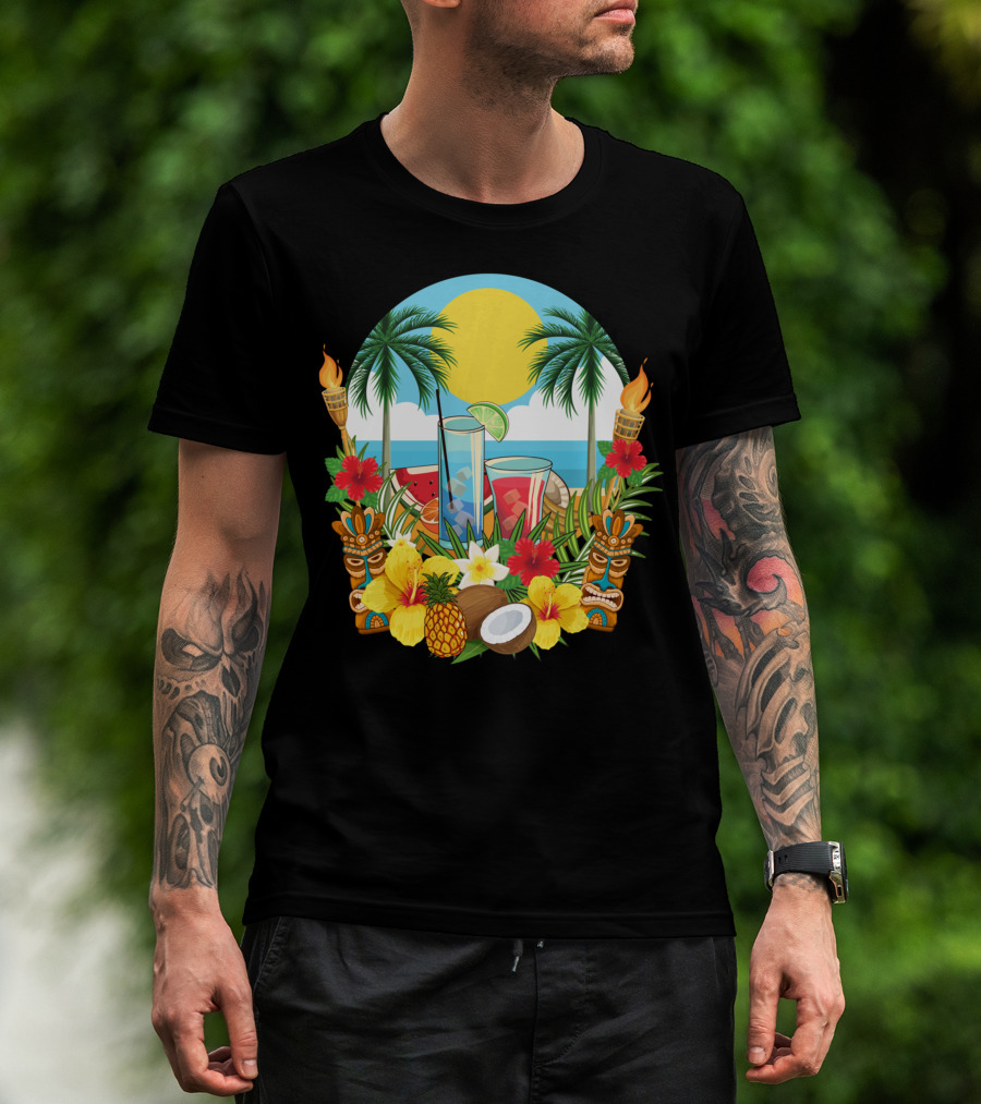 Tropical Sunset With Palm Trees And Exotic Drinks Amidst Tiki Torches And Hibiscus Flowers T-Shirt