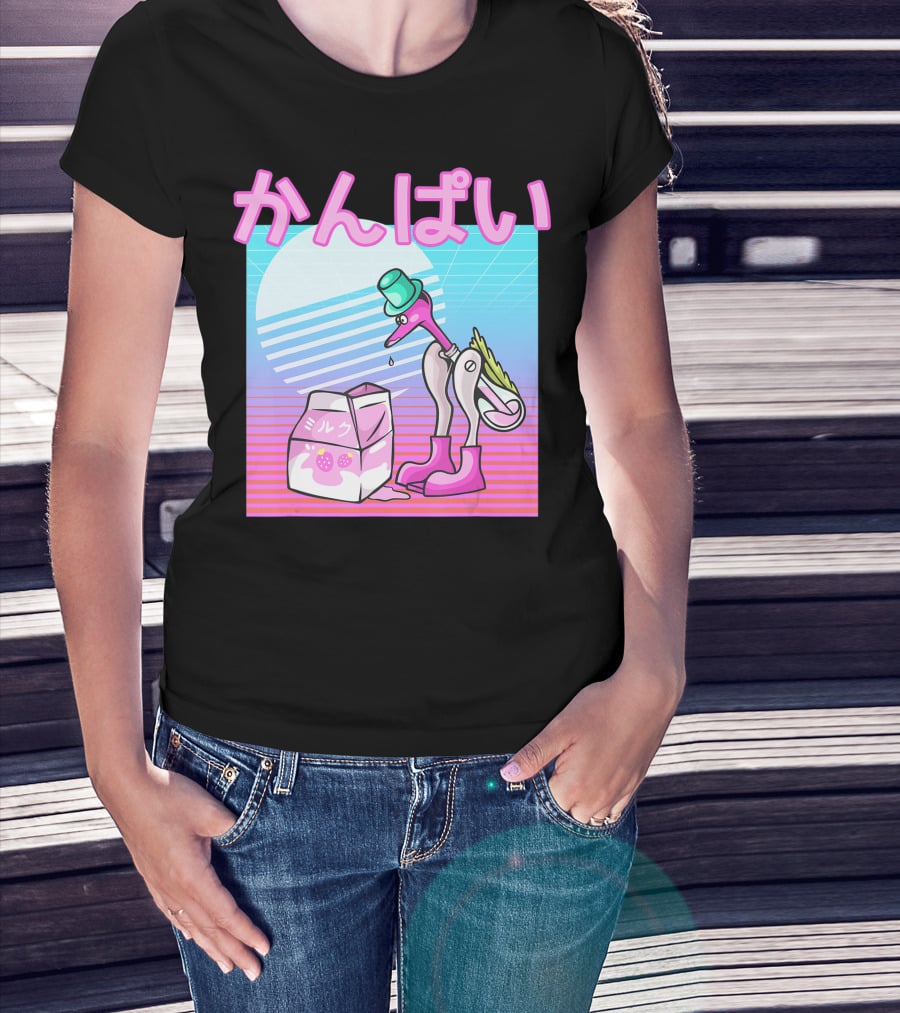 Vaporwave Strawberry Milk Kanpai Drinking Bird Toy Japanese T-Shirt