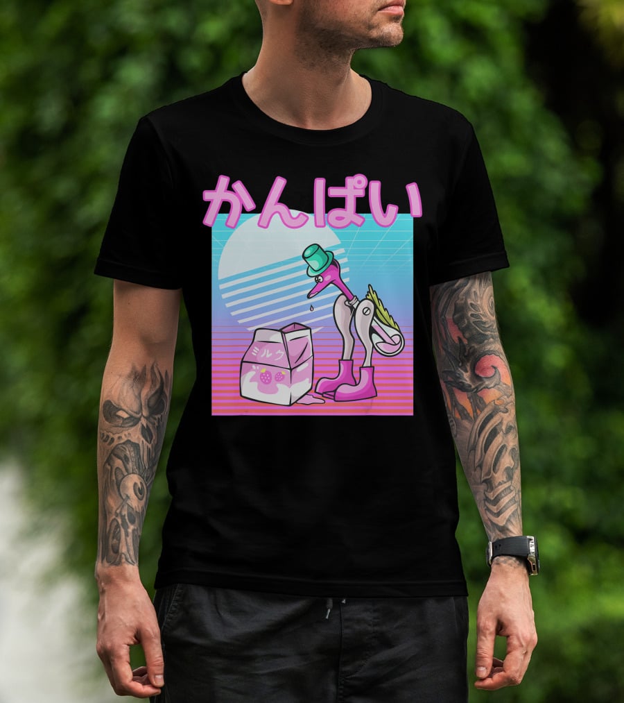 Vaporwave Strawberry Milk Kanpai Drinking Bird Toy Japanese T-Shirt