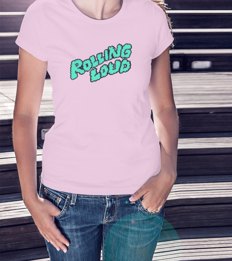 Rolling Loud Puffy Text Design On Pastel Pink Background T-Shirt