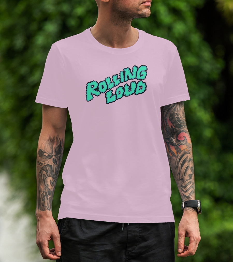 Rolling Loud Puffy Text Design On Pastel Pink Background T-Shirt