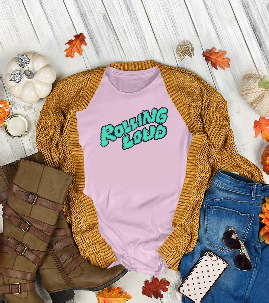 Rolling Loud Puffy Text Design on Pastel Pink Background T-Shirt
