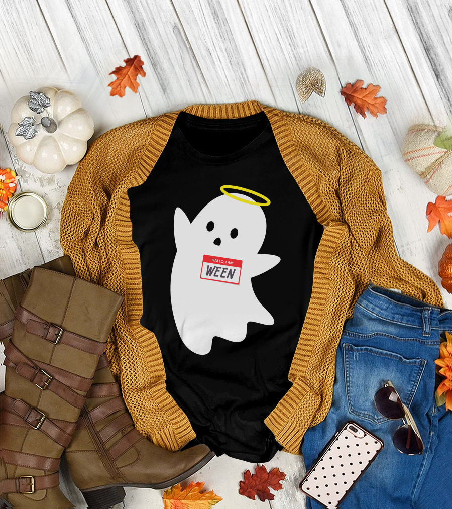 Wholesome Hallo I Am Ween Ghost with Halo and Nametag T-Shirt