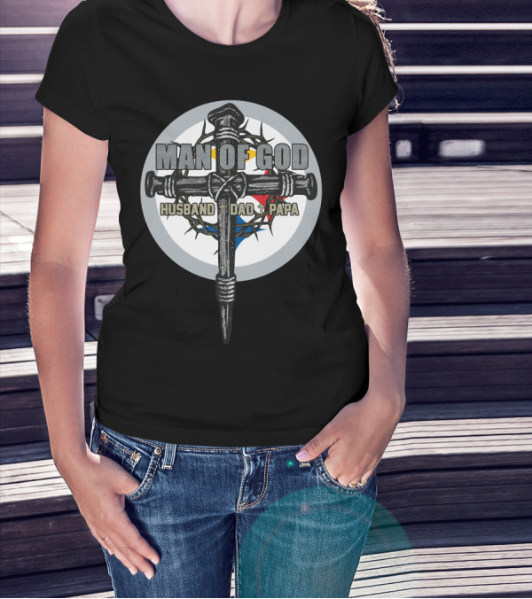 Man Of God Husband Dad Papa Steelers Nail Cross With Thorn Crown Circle T-Shirt