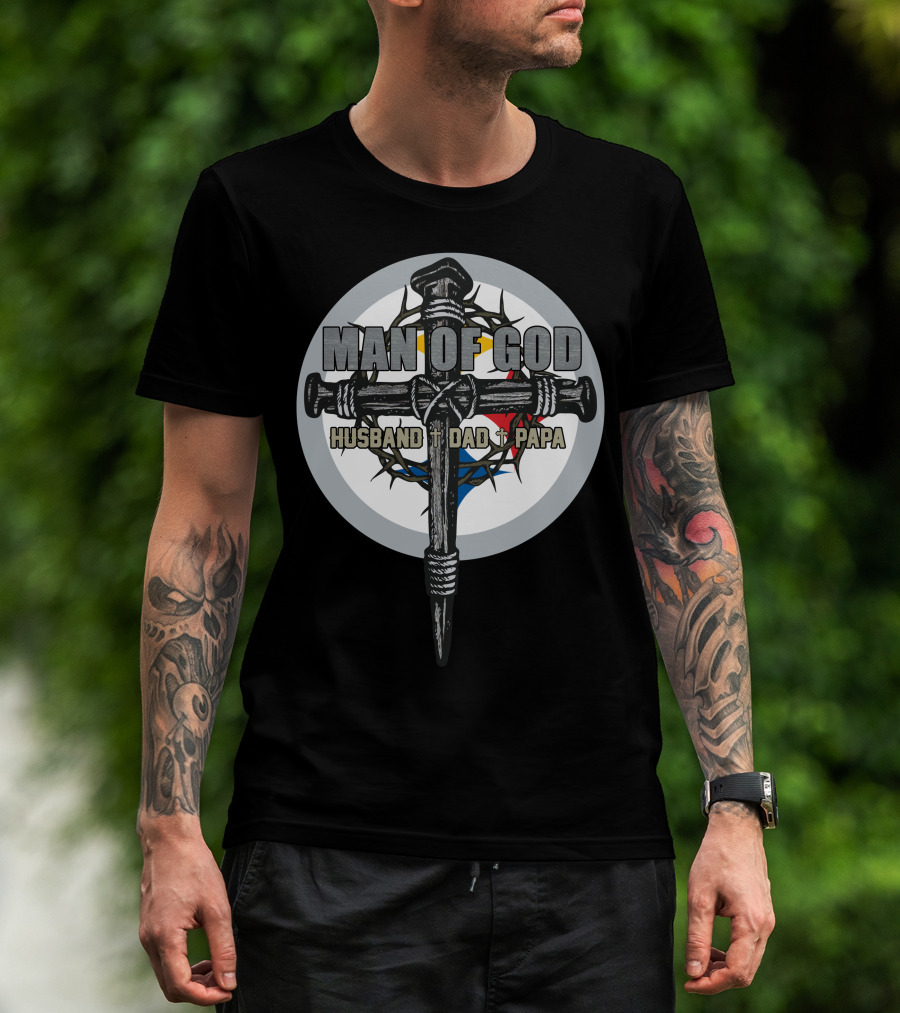 Man Of God Husband Dad Papa Steelers Nail Cross With Thorn Crown Circle T-Shirt