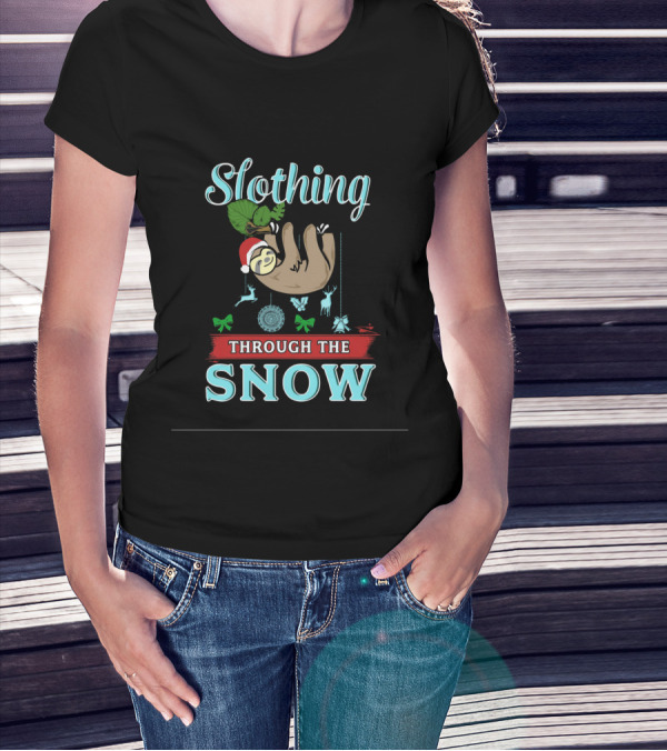 Slothing Through The Snow With Santa Hat And Christmas Decorations T-Shirt