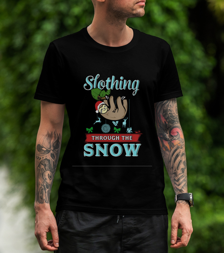 Slothing Through The Snow With Santa Hat And Christmas Decorations T-Shirt