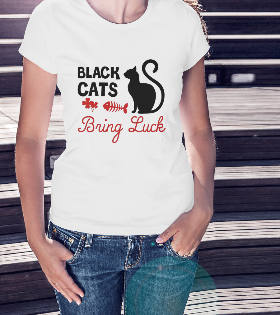 Black Cats Bring Luck Shamrock And Fishbone Icon Holiday Present T-Shirt