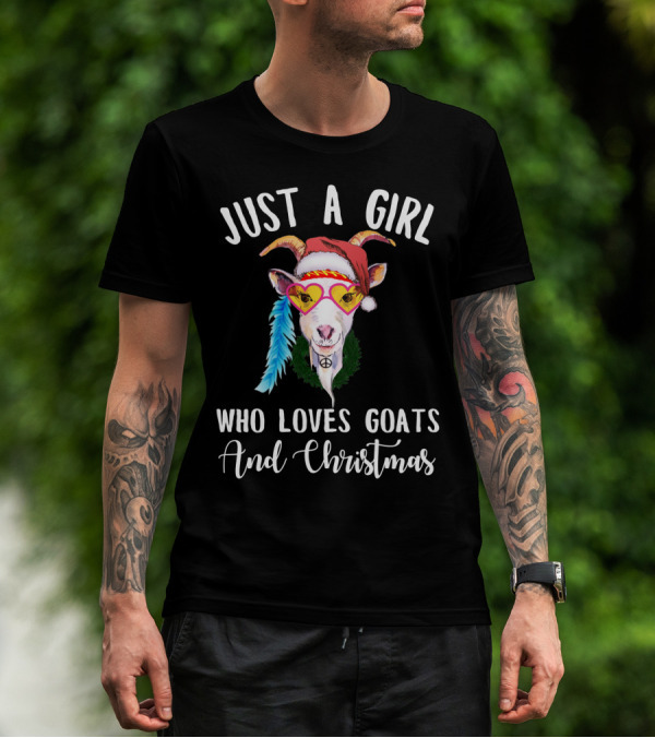 Just A Girl Who Loves Goats And Christmas With Santa Hat Peace Sign Glasses T-Shirt