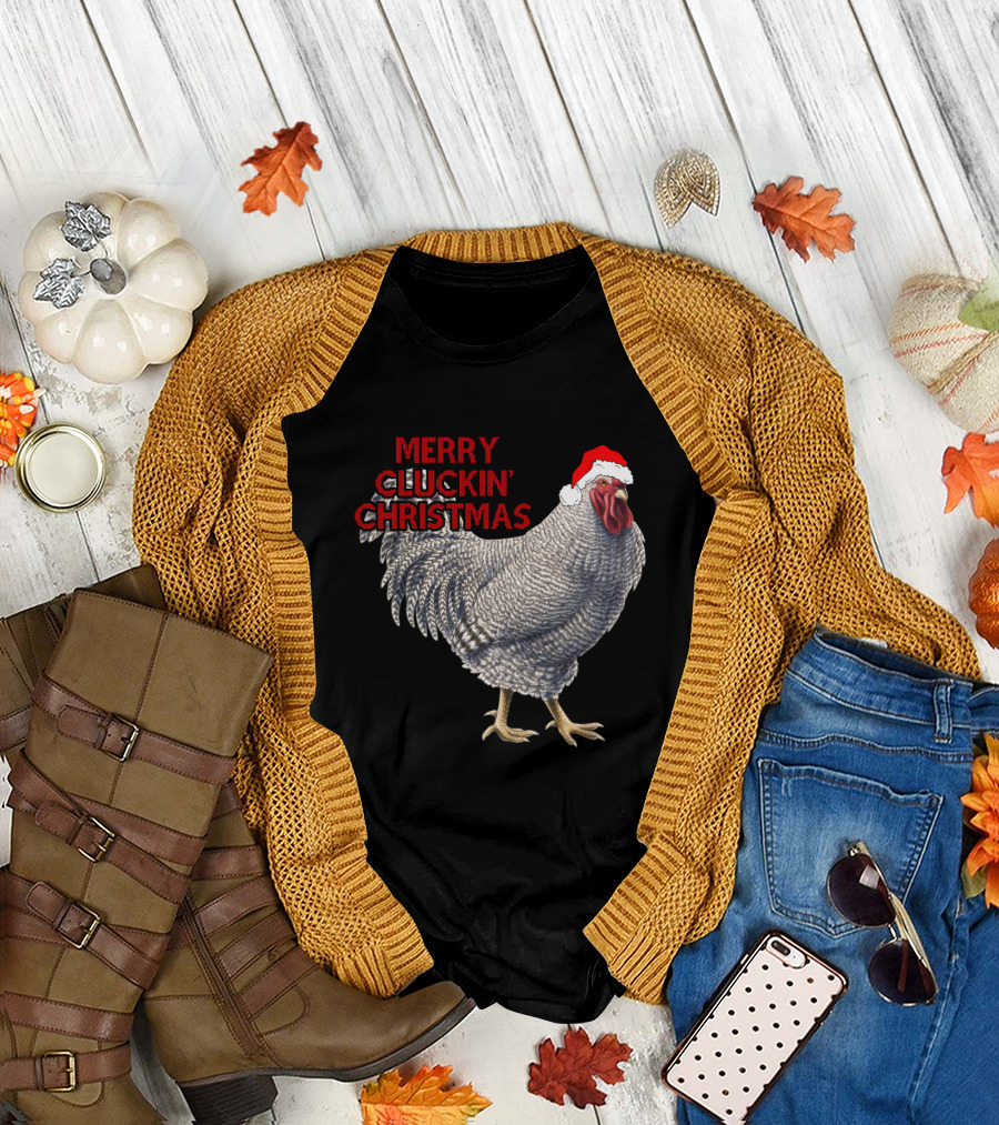 Merry Cluckin' Christmas Chicken with Santa Hat T-Shirt