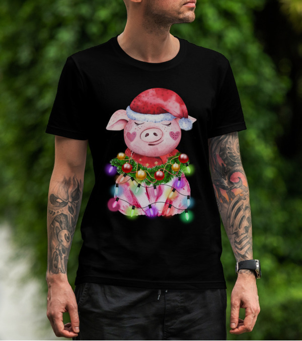 Santa Hat Heart Cheek Pink Pig Wrapped In Christmas Lights T-Shirt
