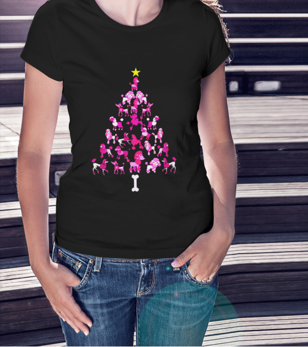 Poodles Dogs Forming Christmas Tree With Star And Bone Base T-Shirt