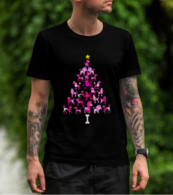 Poodles Dogs Forming Christmas Tree With Star And Bone Base T-Shirt