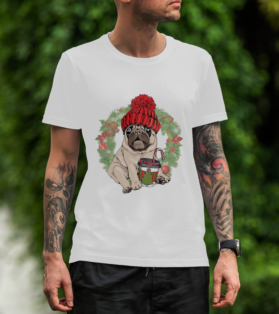 Festive Pug In Red Hat Holding Christmas Cup Surrounded By Holiday Wreath T-Shirt