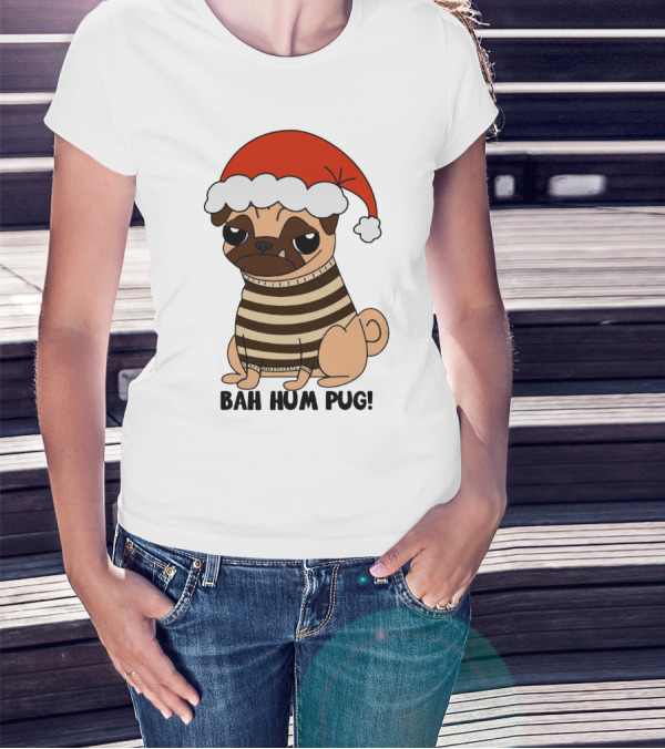 Bah Hum Pug Christmas Santa Hat Grumpy Holiday Pug Stripe T-Shirt