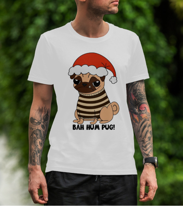 Bah Hum Pug Christmas Santa Hat Grumpy Holiday Pug Stripe T-Shirt