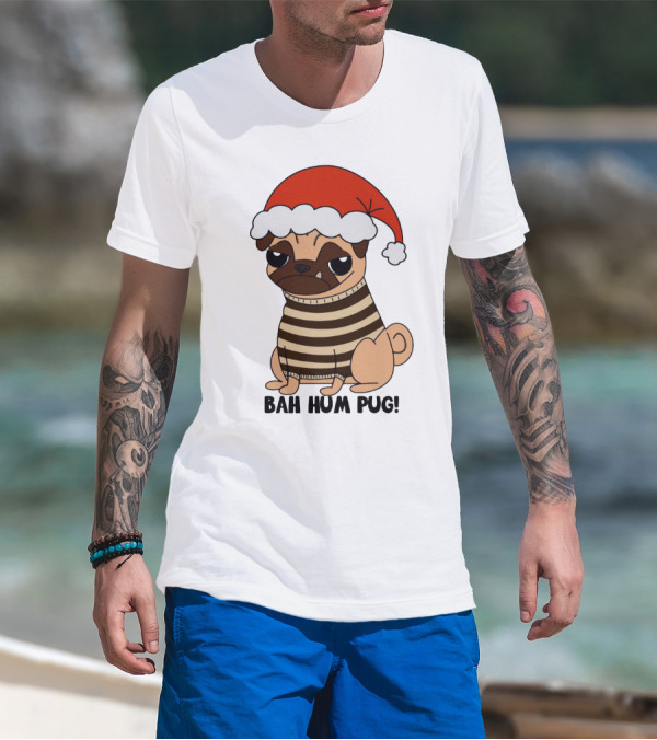 Bah Hum Pug Christmas Santa Hat Grumpy Holiday Pug Stripe T-Shirt