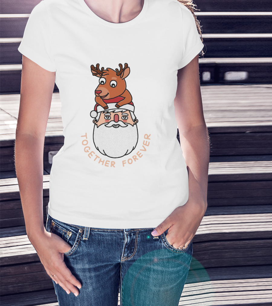 Santa And Reindeer Together Forever Best Friends T-Shirt