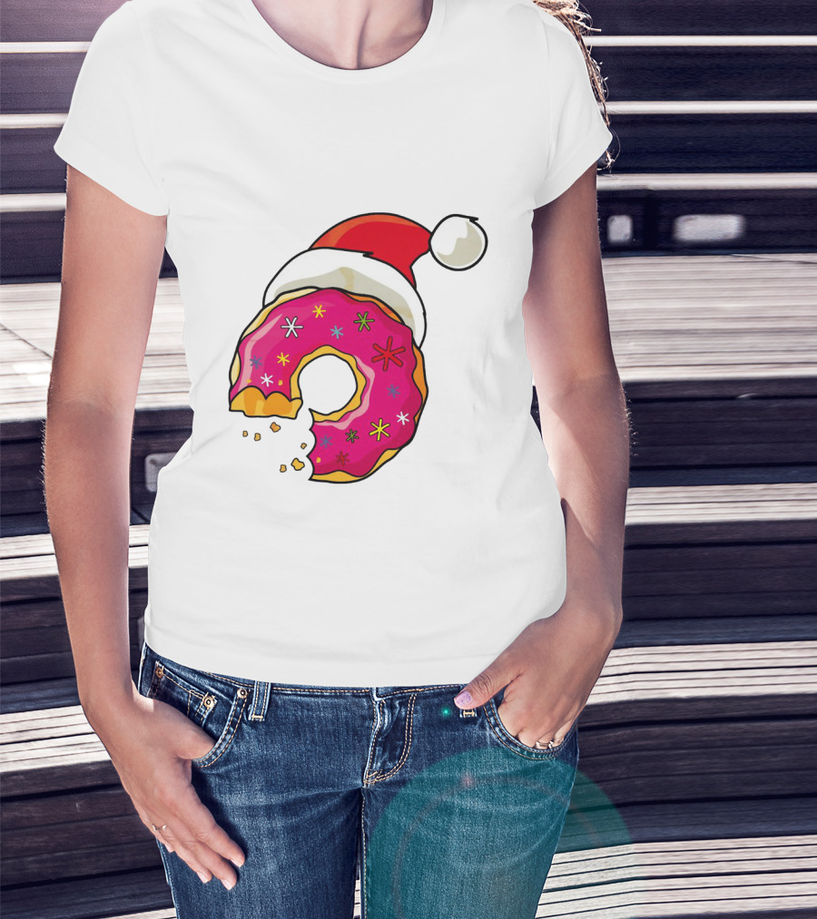 Santa Hat Candy Xmas Donut With Pink Frosting And Stars T-Shirt