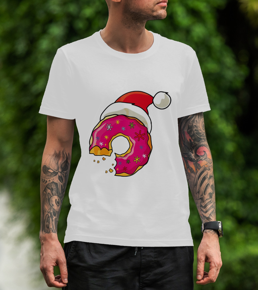 Santa Hat Candy Xmas Donut With Pink Frosting And Stars T-Shirt