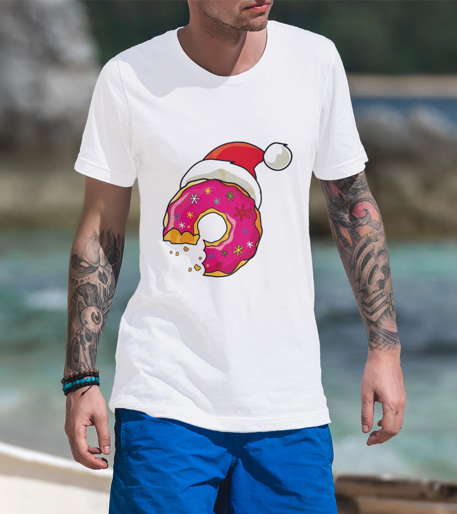 Santa Hat Candy Xmas Donut With Pink Frosting And Stars T-Shirt