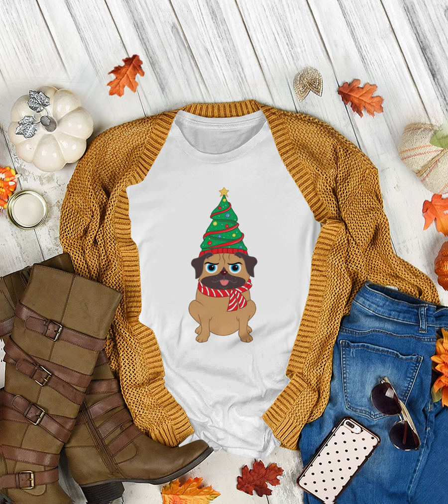Snuggly Pug with Christmas Tree Hat and Festive Scarf Holiday T-Shirt
