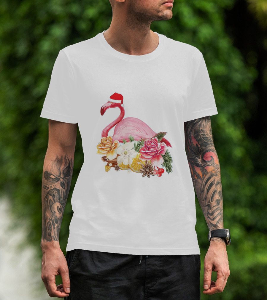 Festive Flamingo With Santa Hat And Holiday Floral Arrangement T-Shirt