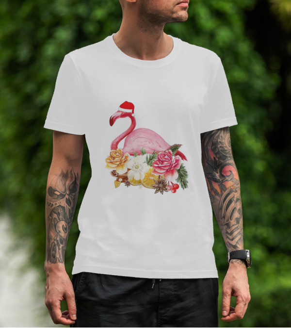 Festive Flamingo With Santa Hat And Holiday Floral Arrangement T-Shirt