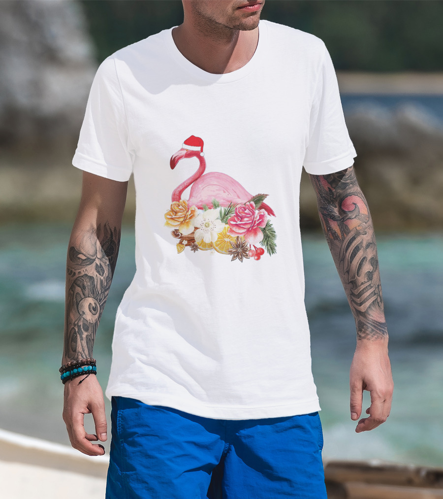 Festive Flamingo With Santa Hat And Holiday Floral Arrangement T-Shirt