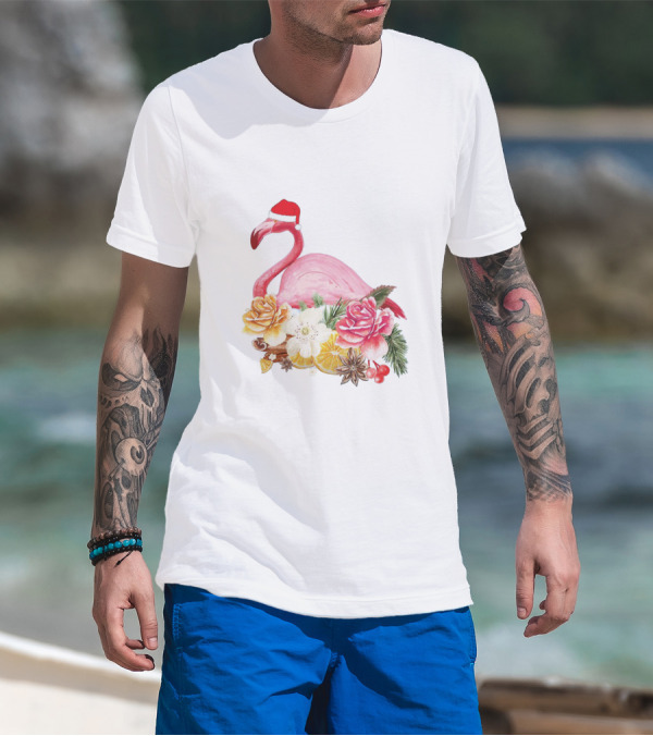 Festive Flamingo With Santa Hat And Holiday Floral Arrangement T-Shirt