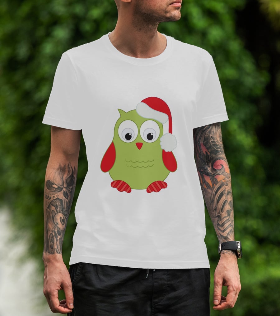 Cute Santa Owl Christmas Green And Red Cartoon Owl Santa Hat T-Shirt