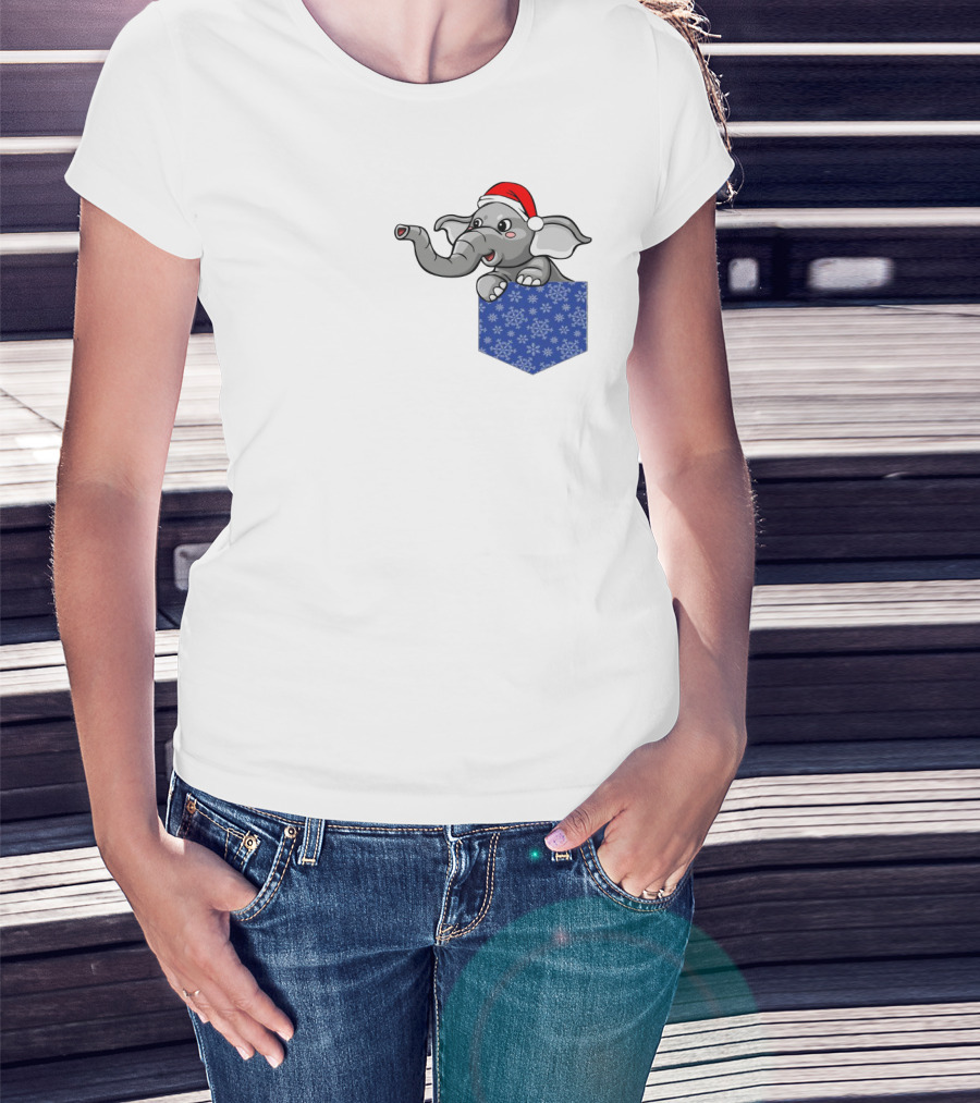 Christmas Holiday Pocket Elephant With Santa Hat And Blue Snowflake Pattern Pocket T-Shirt