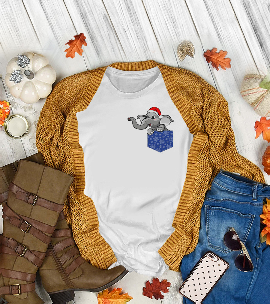 Christmas Holiday Pocket Elephant with Santa Hat and Blue Snowflake Pattern Pocket T-Shirt