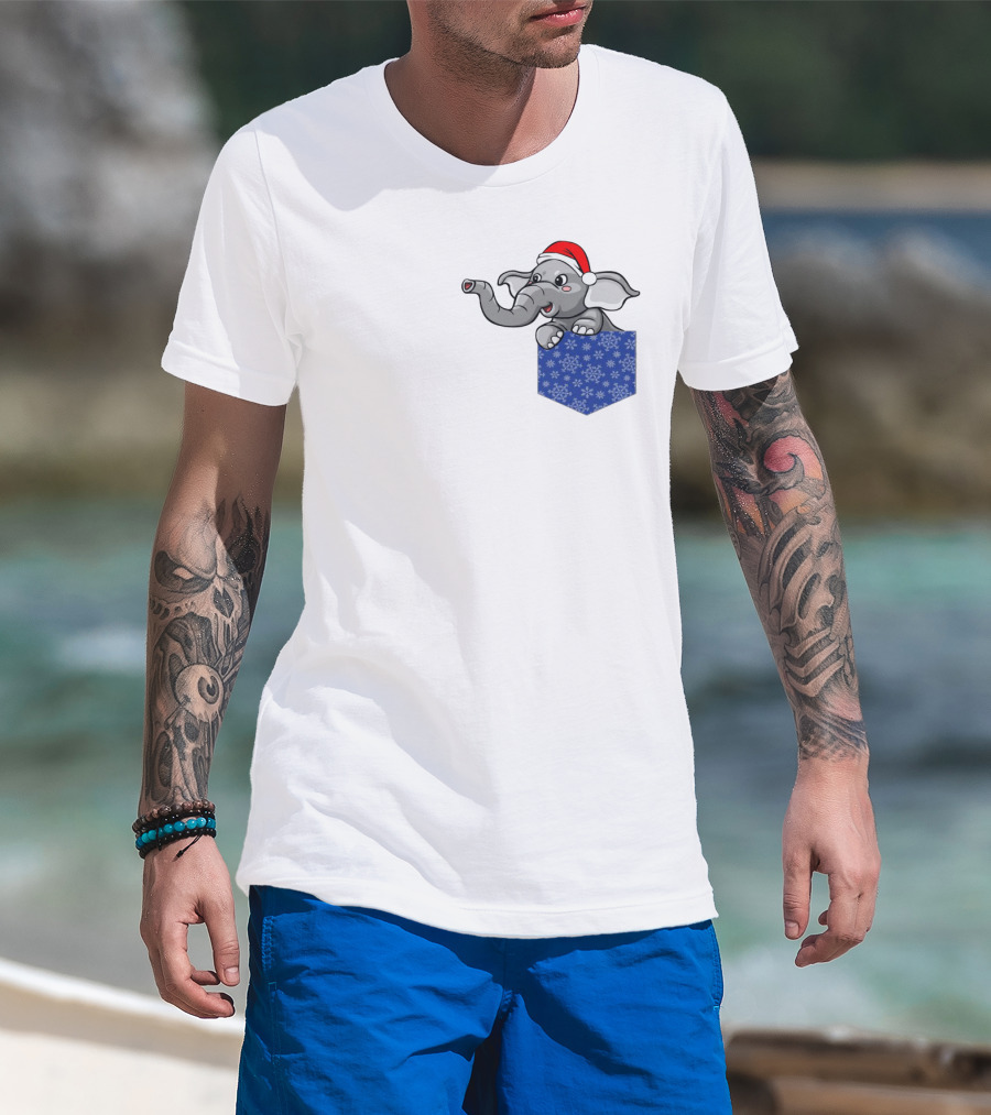 Christmas Holiday Pocket Elephant With Santa Hat And Blue Snowflake Pattern Pocket T-Shirt