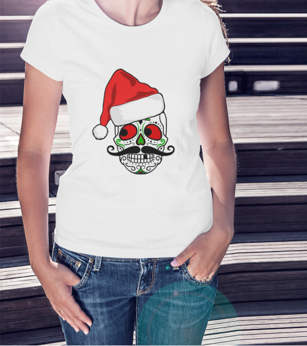 Santa Hat Festive Sugar Skull Christmas T-Shirt