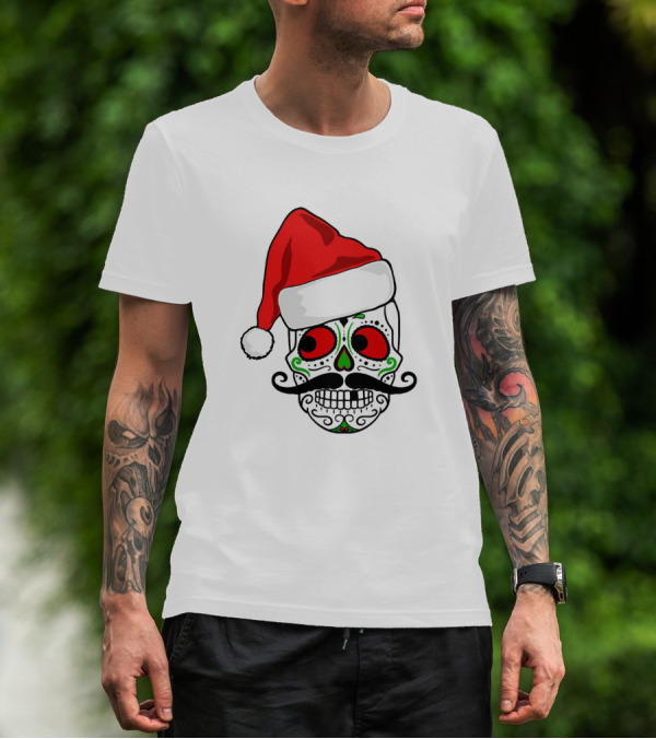 Santa Hat Festive Sugar Skull Christmas T-Shirt