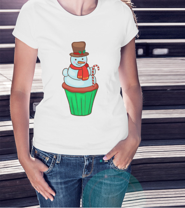 Xmas Cupcake Muffins With Snowman And Candy Cane Holiday T-Shirt