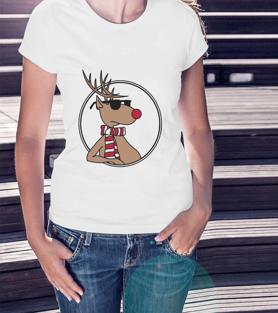 Deer Cool Reindeer In Sunglasses And Striped Scarf T-Shirt