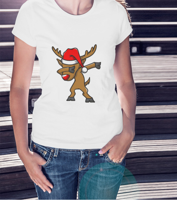 Funny Dabbing Reindeer With Santa Hat Christmas Costume T-Shirt