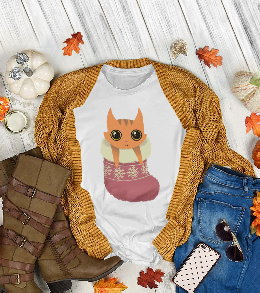 Adorable Orange Cat in Festive Christmas Stocking with Snowflake T-Shirt