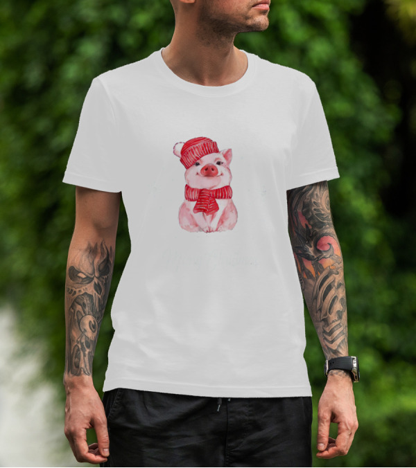 Merry Christmas Cute Pig With Red Scarf And Hat T-Shirt