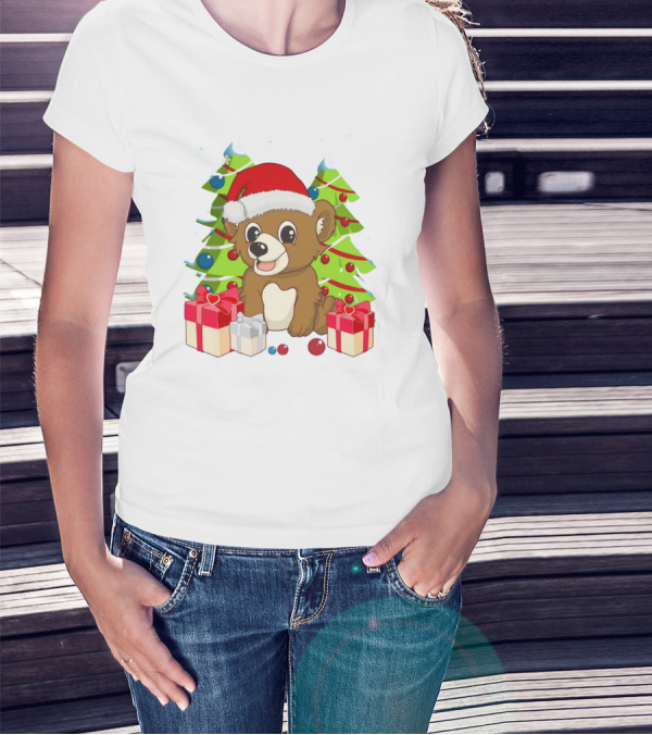 Santa Cute Bear With Christmas Trees And Presents T-Shirt