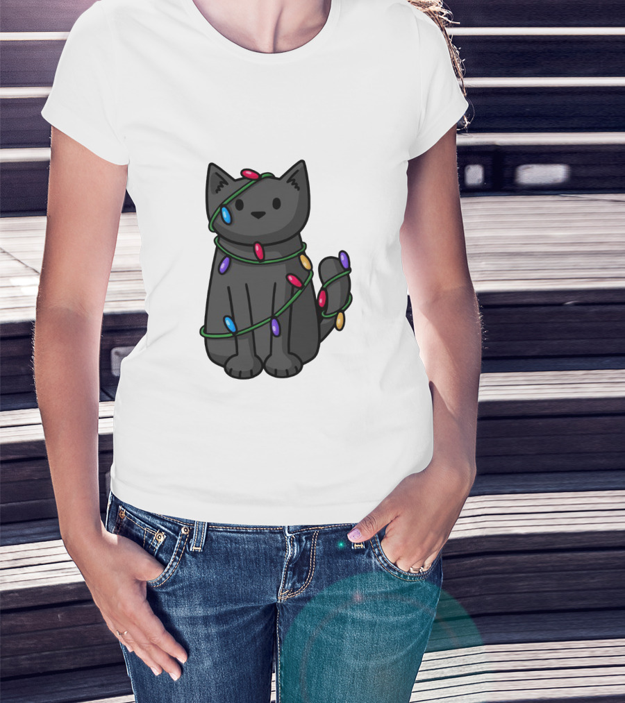 Wrapped Up In Lights Adorable Cat Tangled In Colorful Holiday String Bulbs T-Shirt