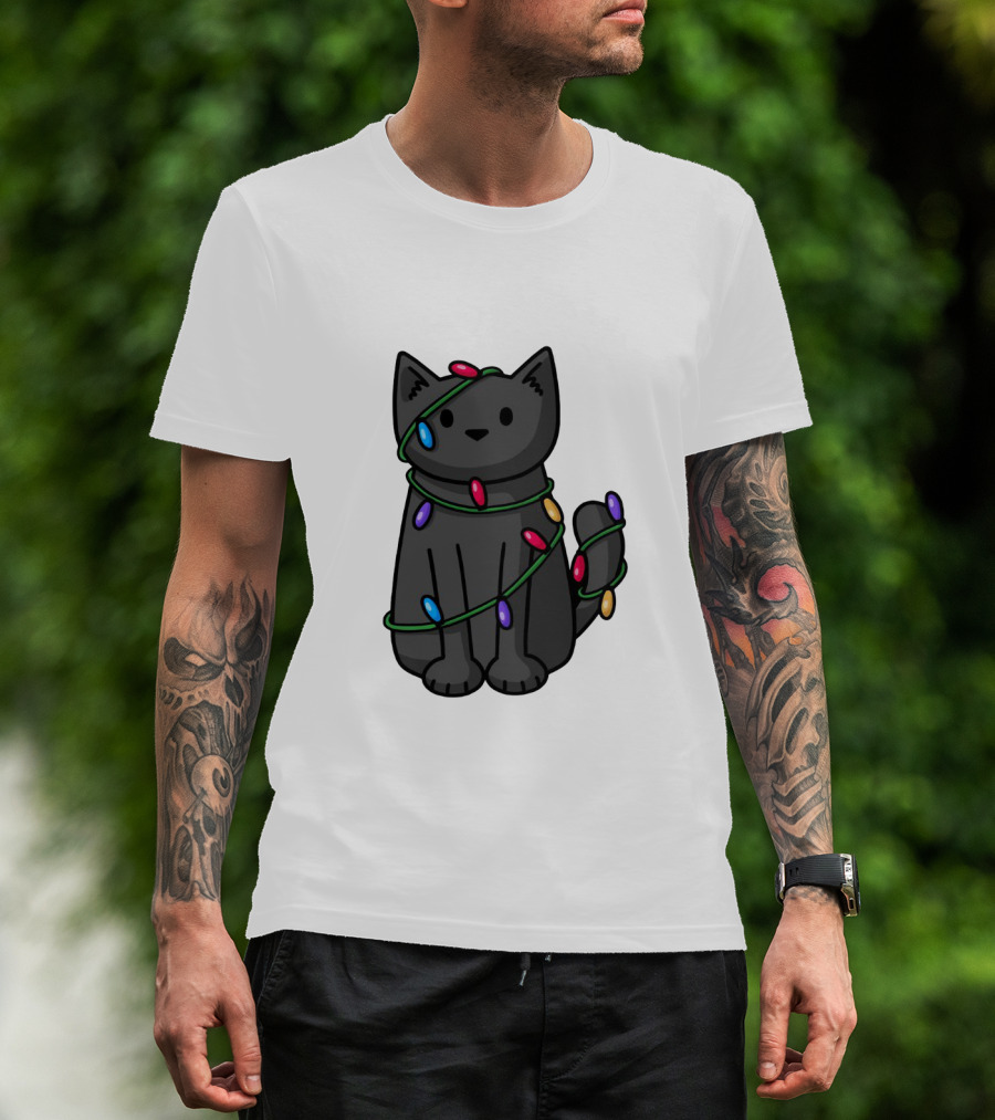 Wrapped Up In Lights Adorable Cat Tangled In Colorful Holiday String Bulbs T-Shirt