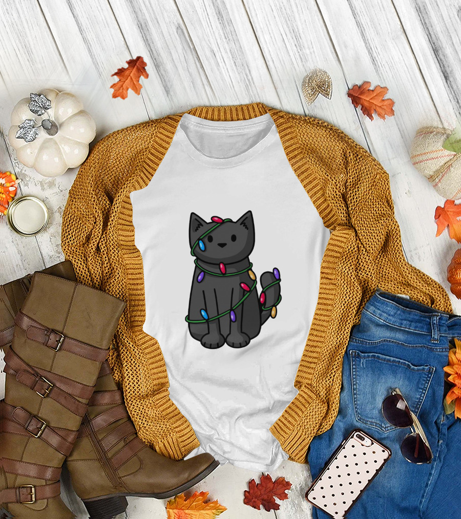 Wrapped Up In Lights Adorable Cat Tangled in Colorful Holiday String Bulbs T-Shirt