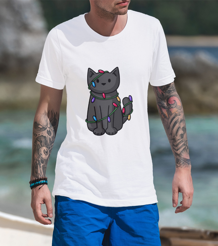 Wrapped Up In Lights Adorable Cat Tangled In Colorful Holiday String Bulbs T-Shirt