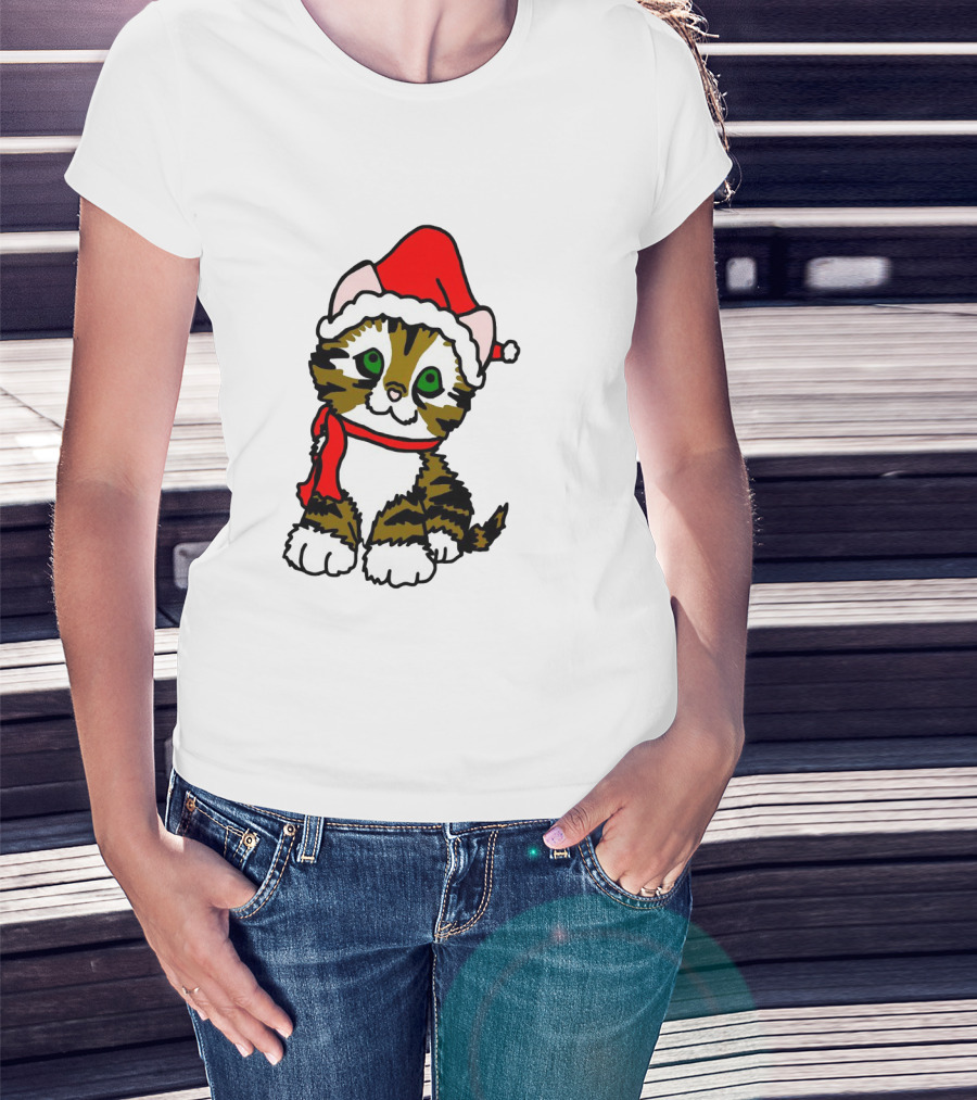 A Cute Tabby Kitten Dressed In Santa Hat And Scarf T-Shirt