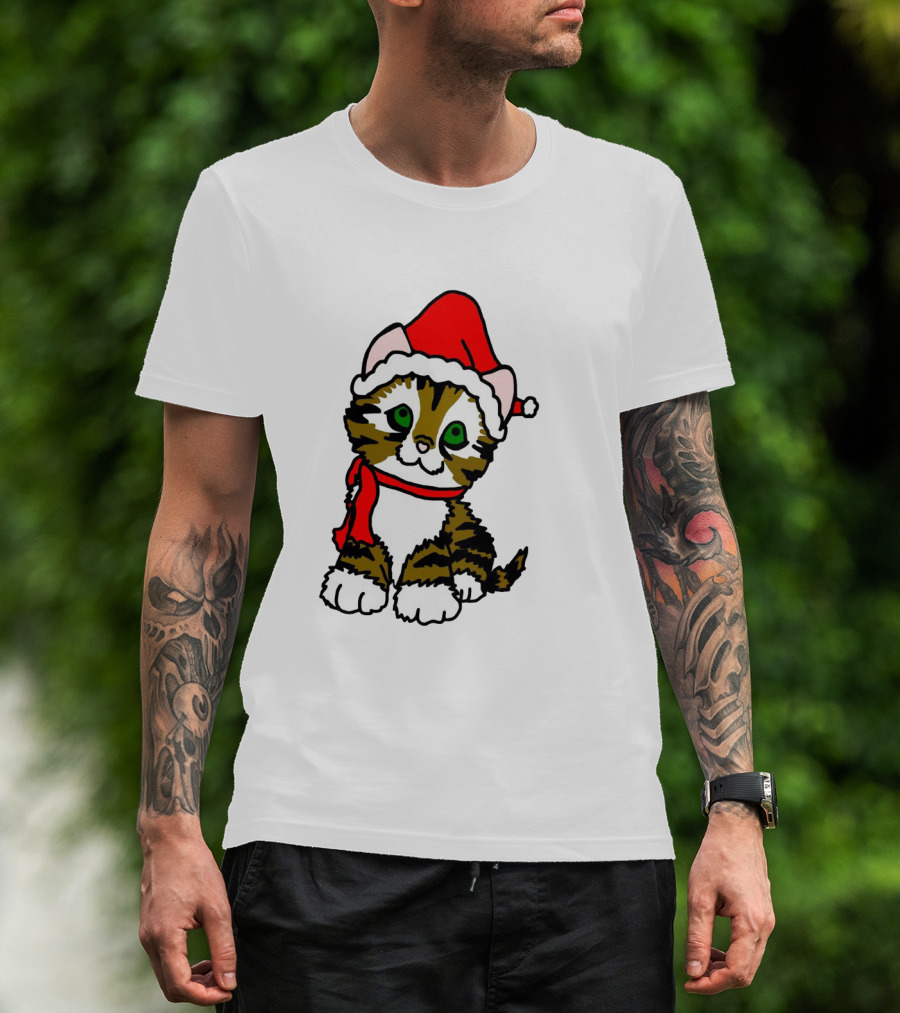 A Cute Tabby Kitten Dressed In Santa Hat And Scarf T-Shirt