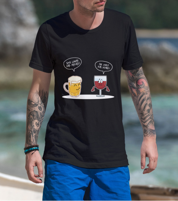 Beer And Wine Cartoon Debate: She Loves Me More Playful Rivalry T-Shirt